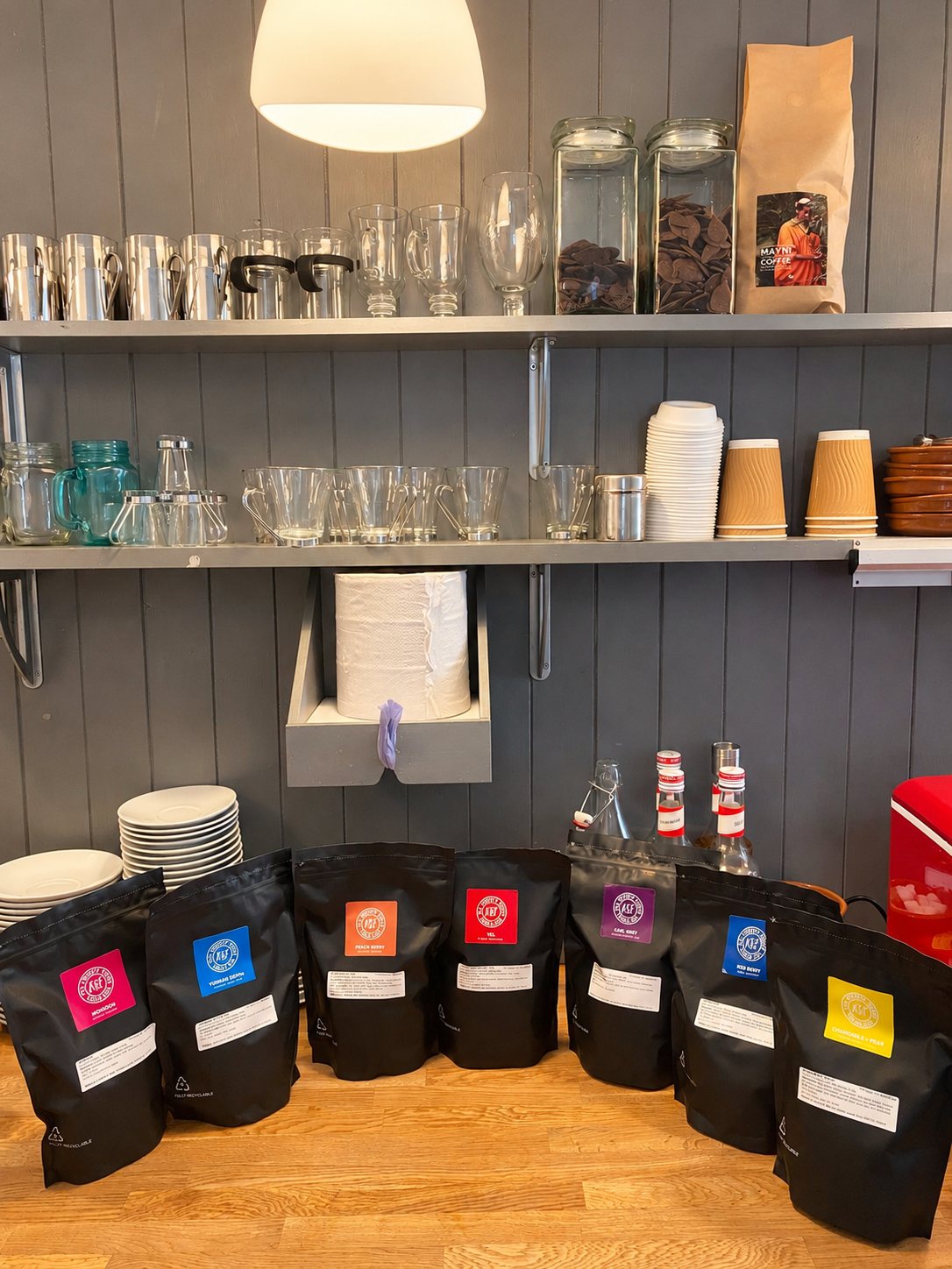 The café counter, stocked for the day